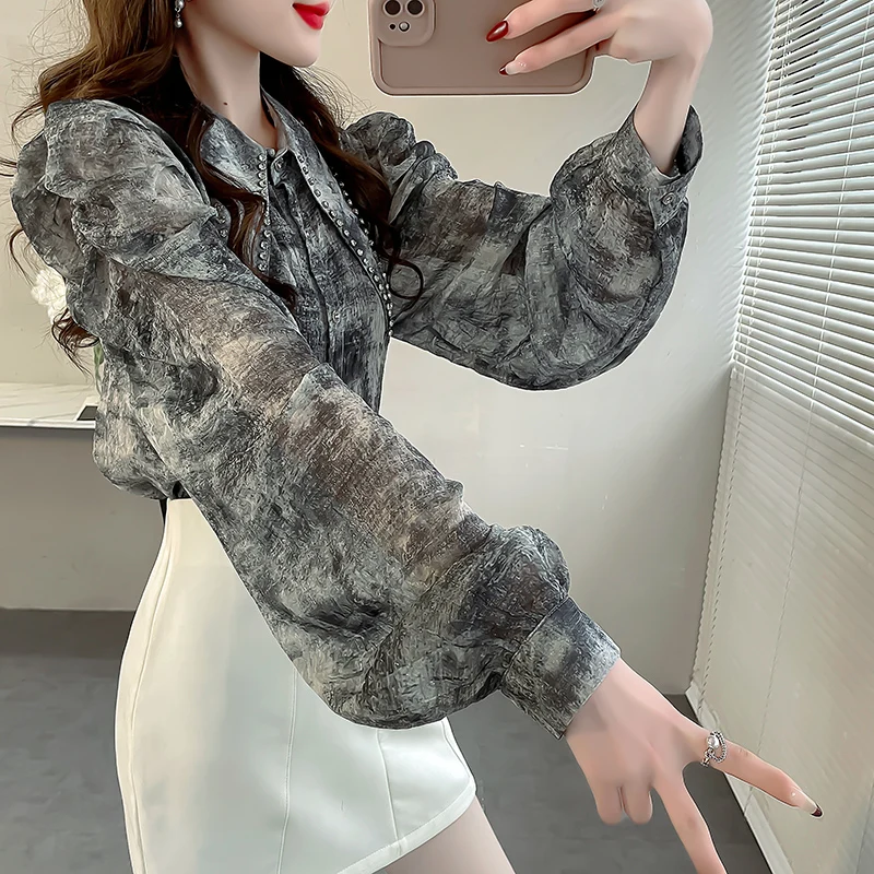 Early Spring High-end Heavy Nail Drill Pointed Collar Shirt Feminine Temperament Chiffon Shiny Silk Top Bubble Sleeve Blous