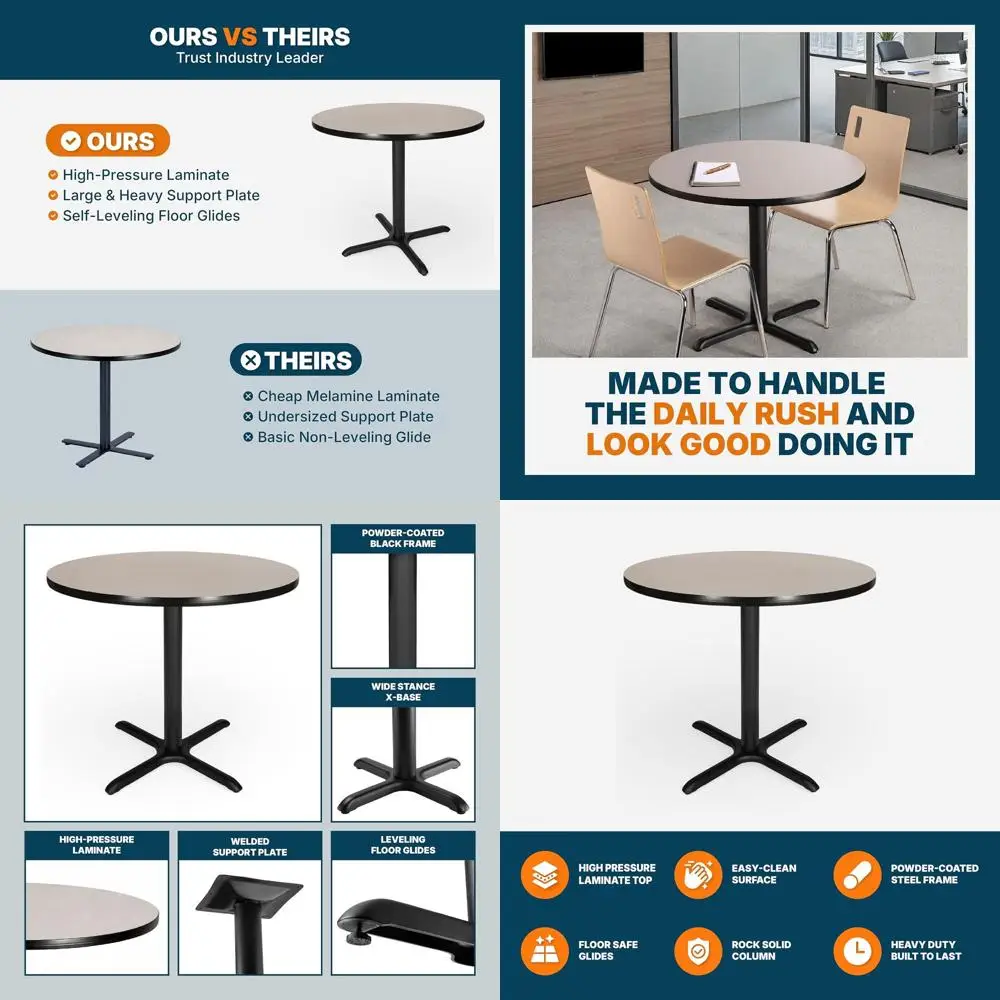 

Круглый обеденный стол коммерческого класса, диаметр 36 дюймов, высота 30 дюймов, X-образная основа, черный и серый ламинат.