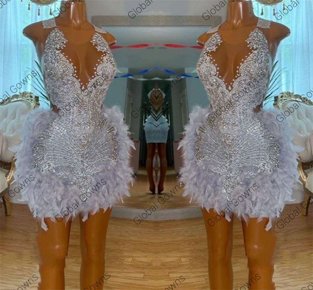 Sexy Silver Short Prom Dress For Black Girls 2024 Beaded Crystal Feathers Birthday Party Dresses  Mini Cocktail Customized