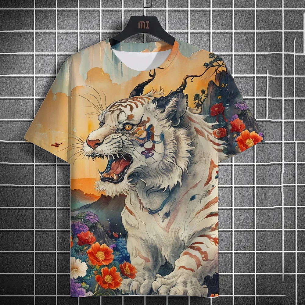 Camiseta deportiva 3D de manga corta para hombre، camisa غير رسمية de secado cepat con estampado de Tigre