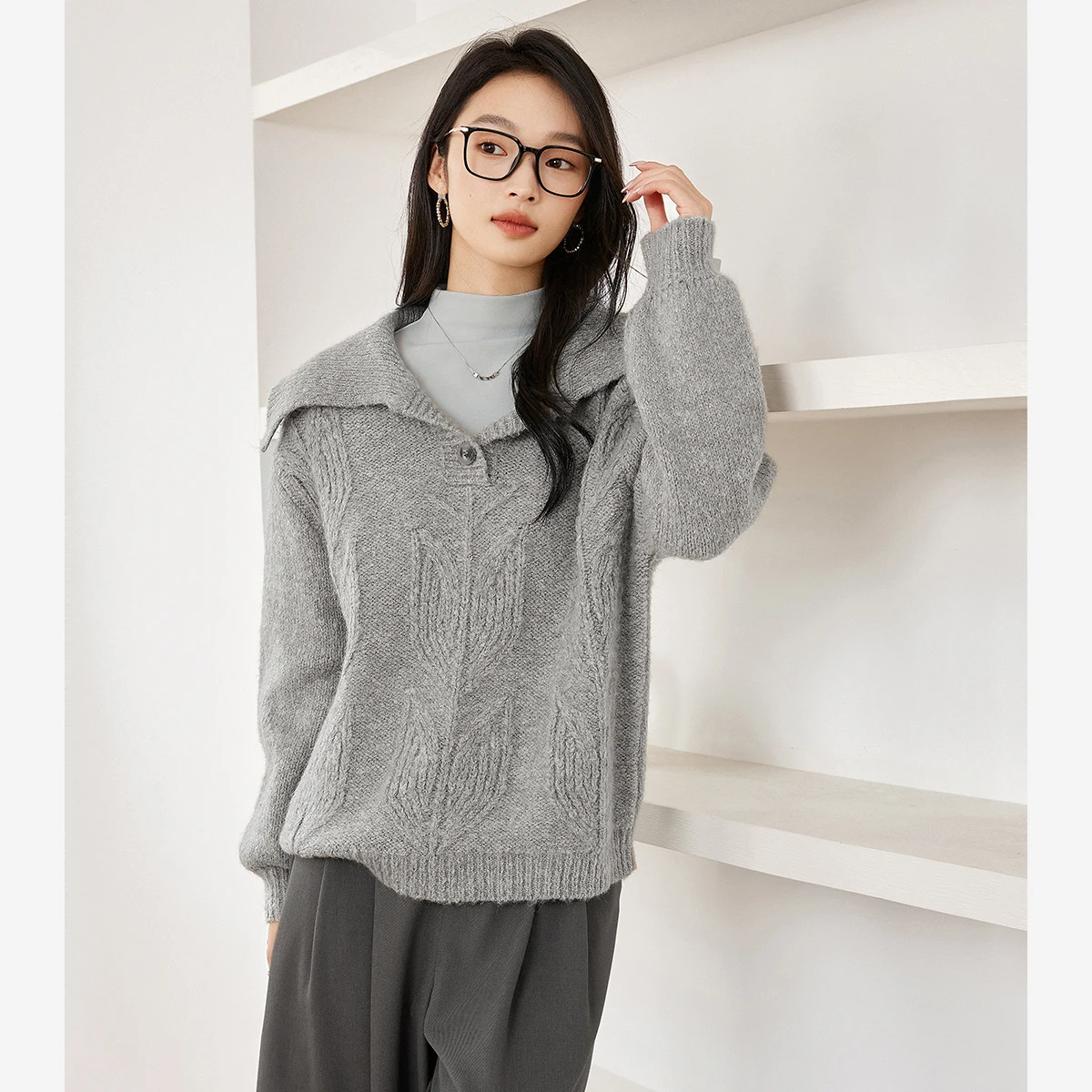 

VIMLY женский серый свитер 2025 зима во французском стиле с отложным воротником женский пуловер оверсайз повседневные вязаные женские джемперы 73572