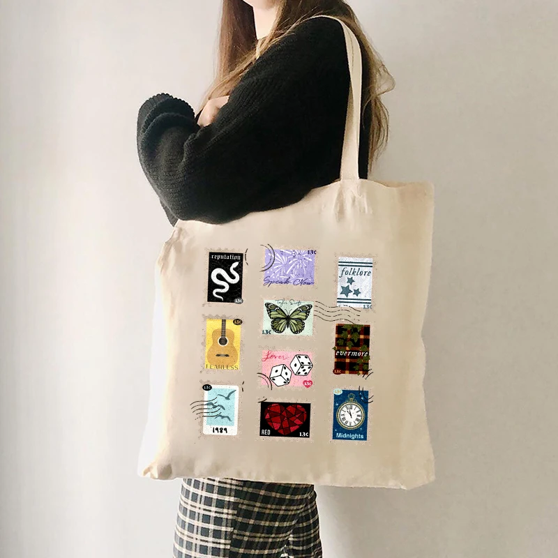 1 pc Taylor Music Pattern Women Tote Bag Portable Canvas Clutch Foldable and Reusable Shopping Bags Gift for Friends Music Merch