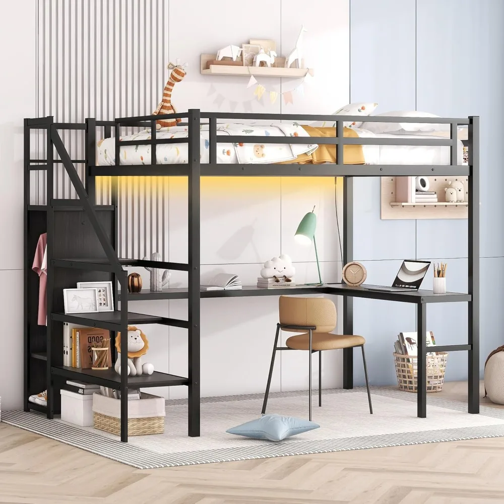 Loft Bed Full Size with Desk and Wardrobe, Loft Bed with Storage Stairs and Wardrobe, Loft Bed Full Size Adults, Kids