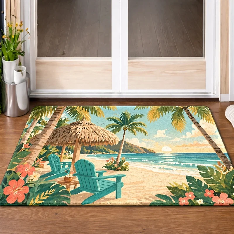 Tropical Beach Seaside Vacation Doormat, Palm Tree Coastal Non Slip Mat, Summer Ocean Rug for Indoor Front Door Decor