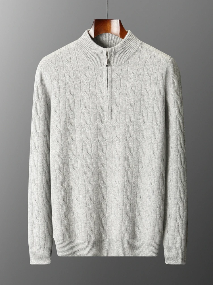 

TLOML Men's 100% Merino Wool Sweater Thicken Zipper Mock Neck Cable Knit Pullover Autumn Winter Smart Casual Style Cashmere Tops