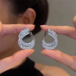 Silver Color Luxury Double Layer Earrings Fashionable Crystal Geometric Earrings Wedding Party Accessories Wholesale