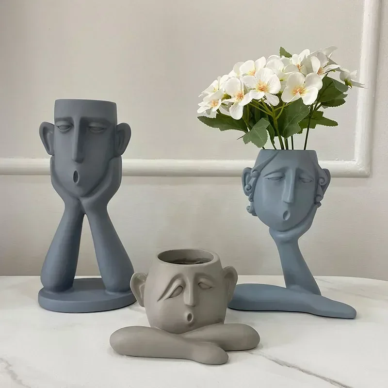 Resin Human Face Cheek Flower Vase Home Desktop Decorative Figurine Creative Figure Head Flower-pot Living Room Decor