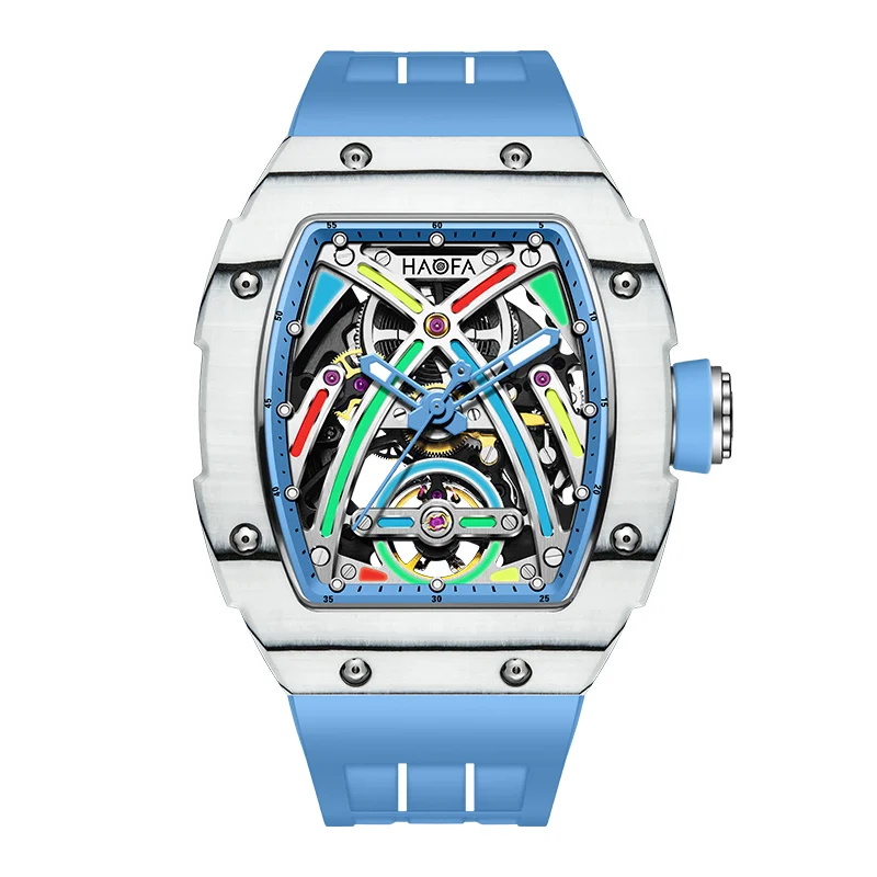 Haofa Automatic Mechanical Watch for Men Carbon Fiber Sapphire Mens Watches Luxury Skeleton Colorful Luminous Casual Watch 1970