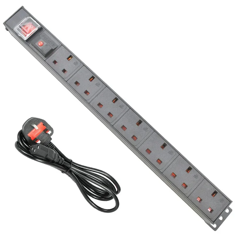 

PDU 1U Network Cabinet Rack Power Strip Distribution Outlet 7 Units UK Socket Switch C13 Interface