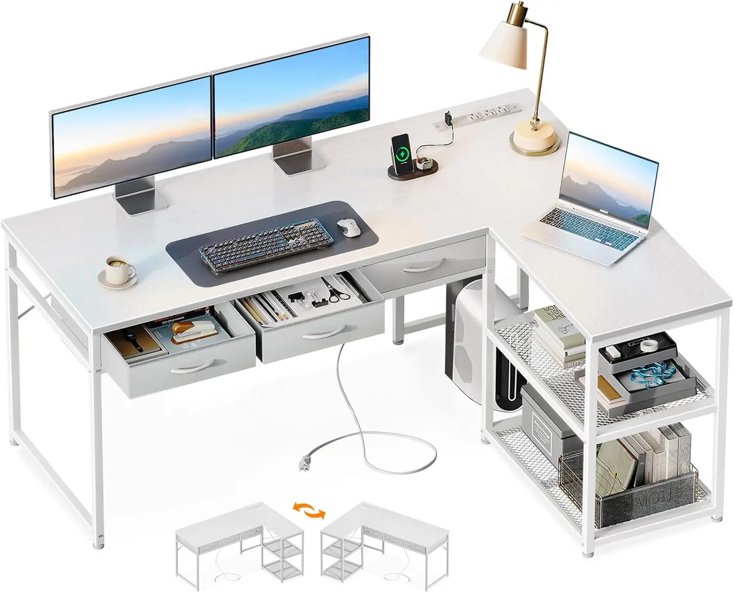 

53' L-Shape Computer Desk with Drawers, Power Outlets, Reversible Shelves, White