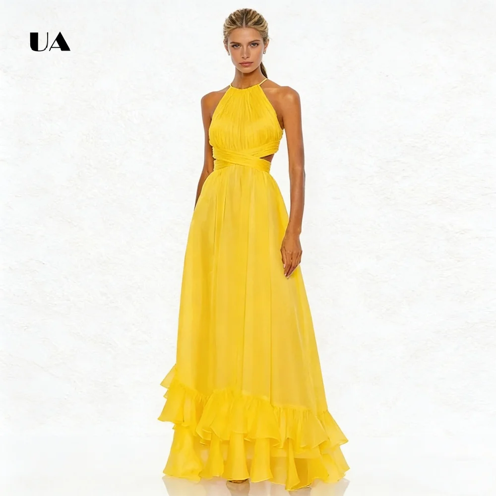 فستان حفلة موسيقية شيفون على شكل حرف A من ULBYANRY مع حاشية مكشكشة متدرجة، فستان سهرة بقصة رسن سادة، فستان حفلات مخصص بدون أكمام