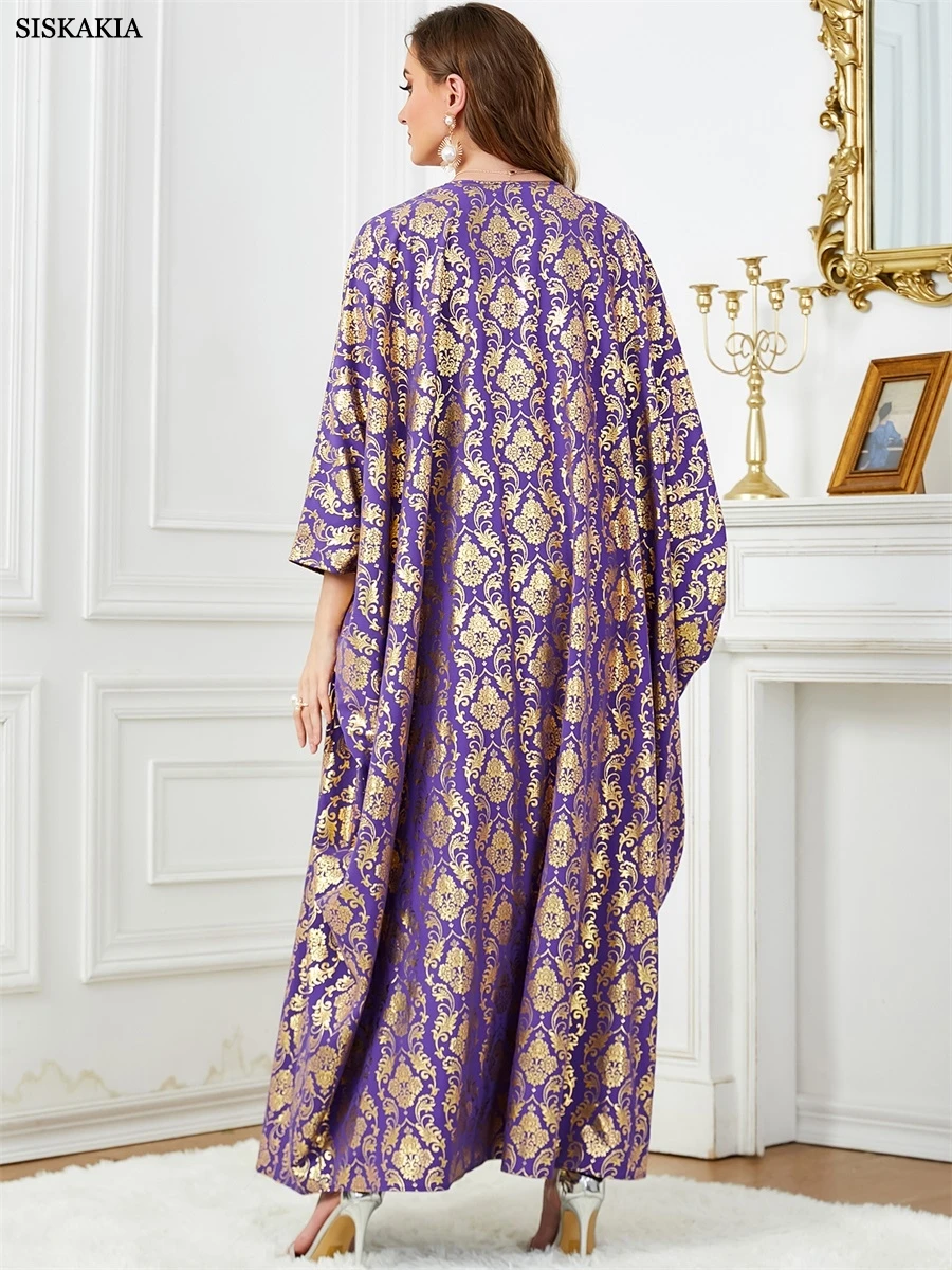 Siskakia Dubai goud stempeljurk moslim tweedelige set Abaya O-hals riem inclusief vleermuismouw