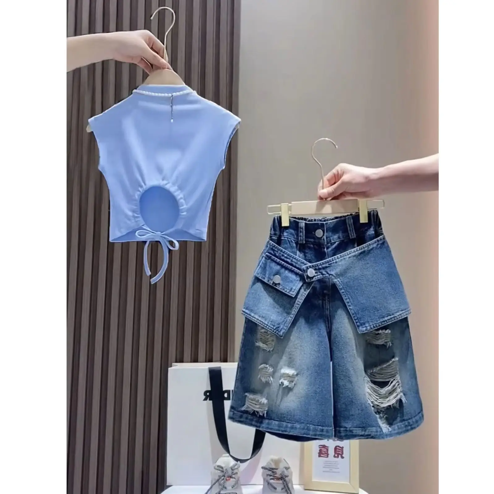 4-15Y Girls' Summer Set 2026 New Children's Short T-shirt Two piece Set Girls' Elegant Cowboy Five piece Pants