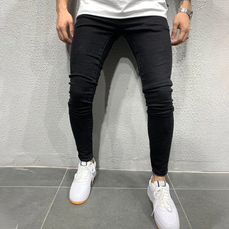 Celana Jeans kurus elastis untuk pria, celana Denim kurus warna polos Slim Fit kasual modis, celana panjang Denim pakaian jalanan 2023