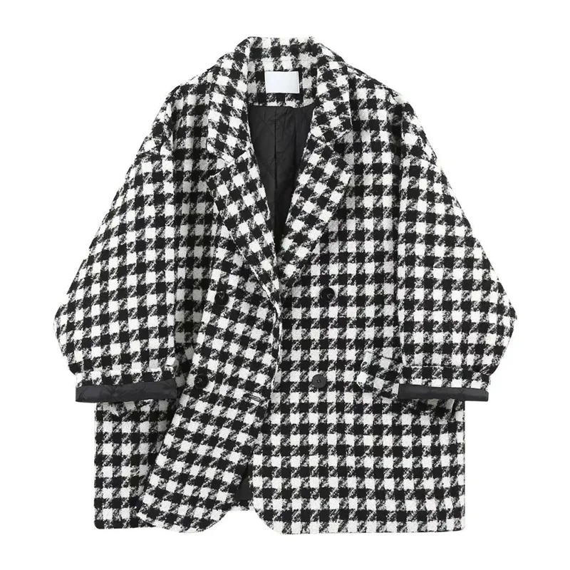 Autumn/Winter  Suit Collar Small Fragrance Style Women\'s Woolen Coat Women\'s Loose Slim Medium Length Plaid Thickened Woolen Coa