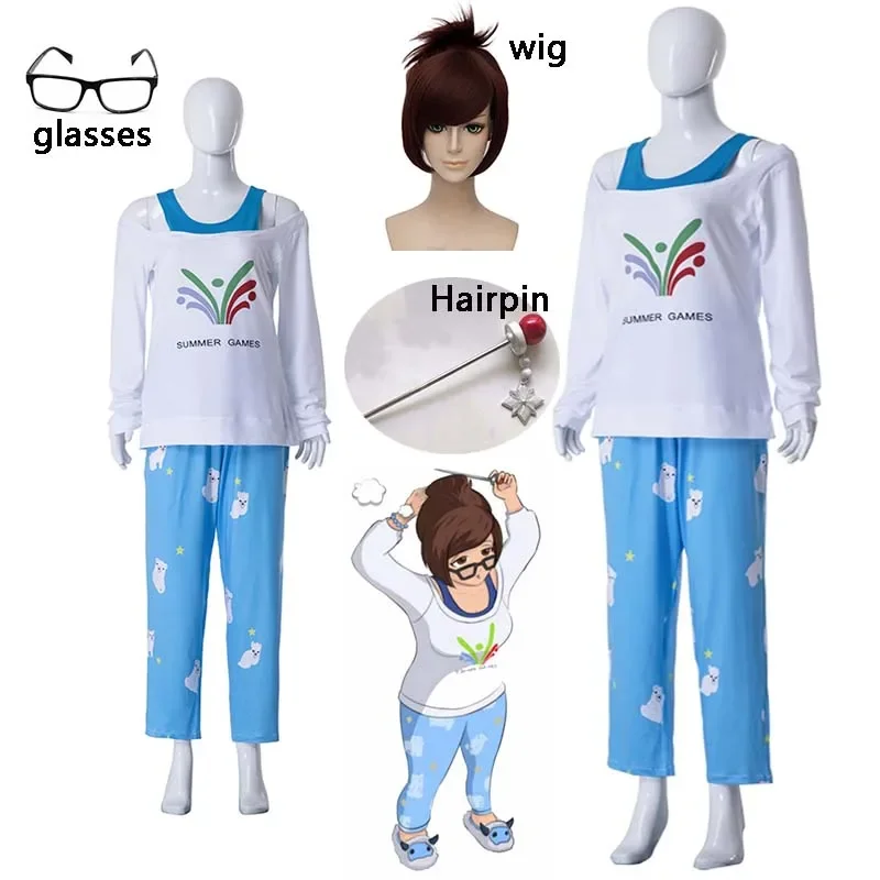 Kawaii Mei Summer Games Sweater CG Rise and Shine Cosplay Pajamas Meiling Zhou Costume Mei Polar Bear Pants Halloween and wig