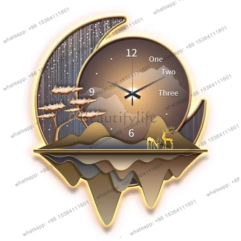 Light luxury dining room decorative painting creative clock, living room clock silent background wall clock with light
