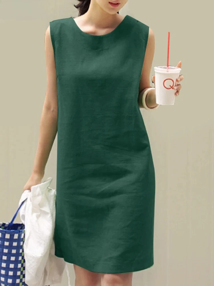 

Summer Dress Fashion Sleeveless Beach Vestidos Office Work Sundress Women Elegant Solid Color Dresses Robe Femme