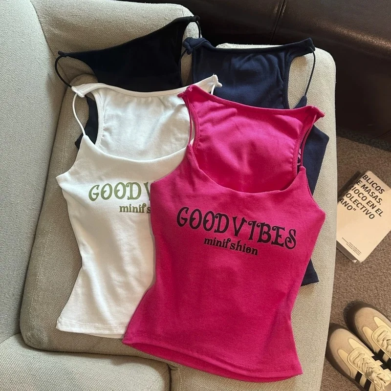 Summer New Spicy Girl Letter Print Patchwork Thin Strap Vest Women's Slim Fixed Strap Chest Pad Top Fashion U-Neck Short Length