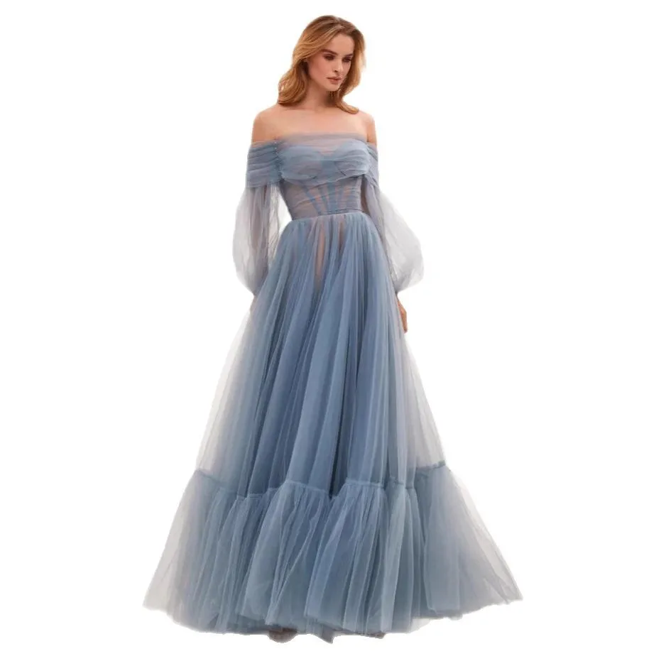 2025 ثوب زفاف شبكي بكتف واحد وأكمام طويلة مع فستان تنورة كاملة #5