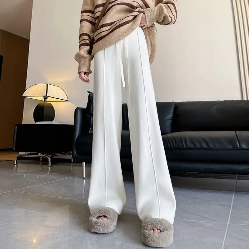 Autumn and Winter Side Pit Strip Pressed Knitted Casual Pants for Women New Narrow Version Wide-leg Floor Trousers
