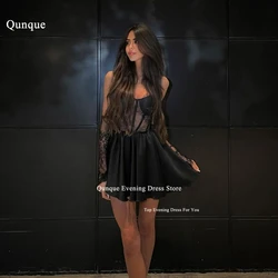 Qunque Sexy Short Satin Evening Dress Lace Sleeves Black Formal Occasion Event Dresses Customized Robe De Soirée luxe élégante