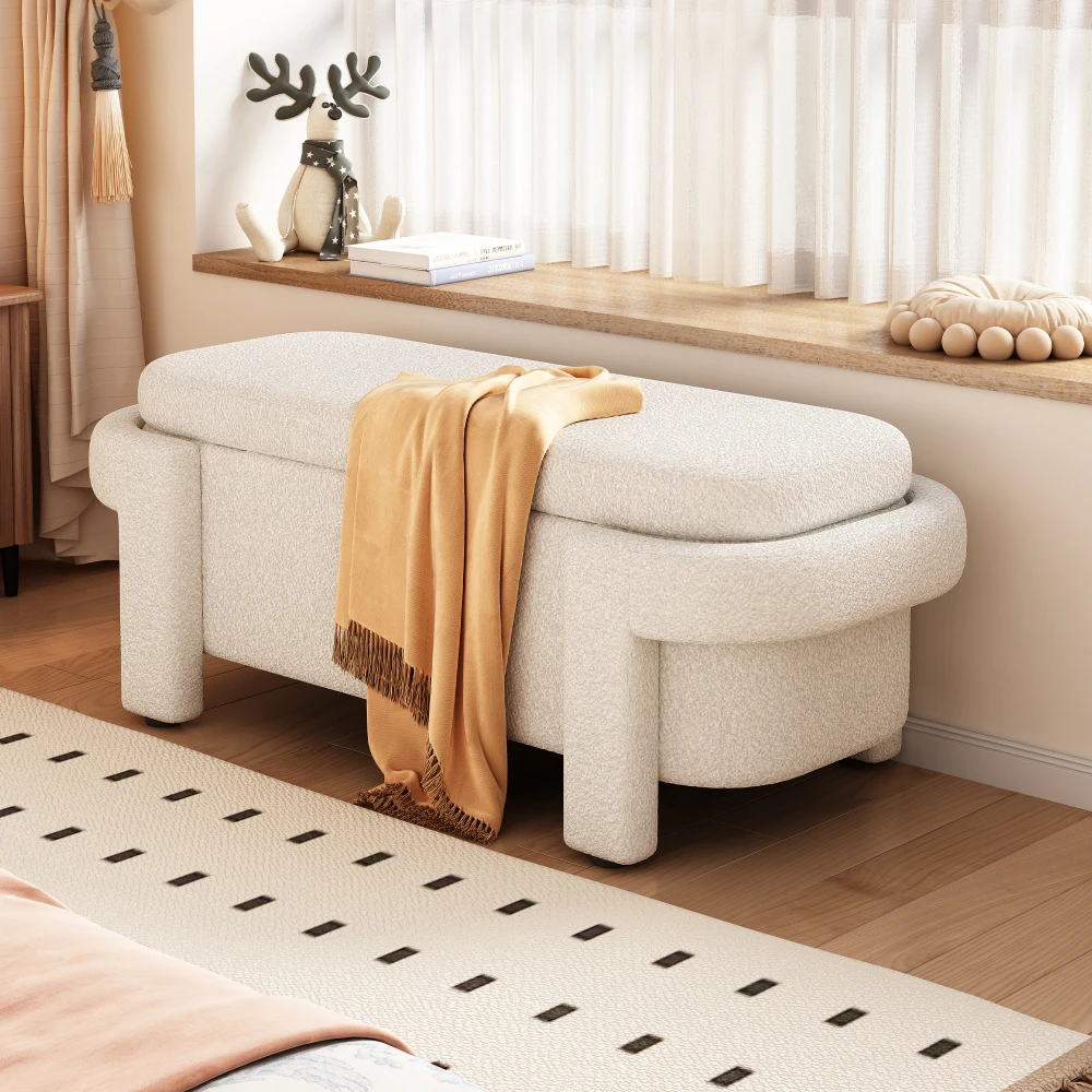 Modern Storage Ottoman Bench,พื้นที่เก็บของขนาดใหญ่สําหรับห้องนั่งเล่น,ทางเข้าและห้องนอน,สีขาวปุย (48''x21.5''x17'')