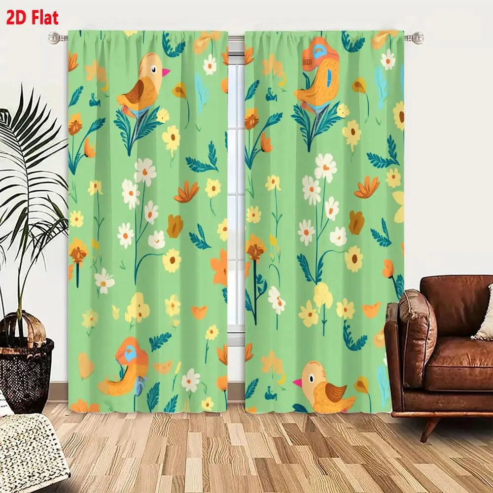 2Pcs Curtains 2D Flat Whimsical Birds And Flowers Seamless Pattern On Soft Muted Green Background For Fabric Wallpaper Window Dr