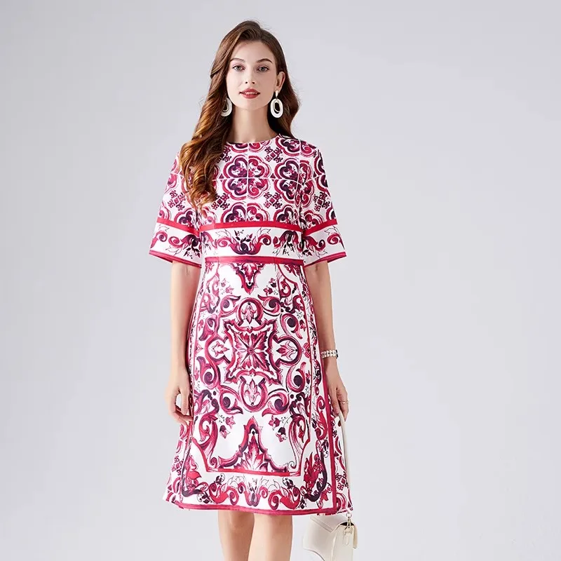 

Женское модельное платье с круглым вырезом, красное платье трапециевидной формы с цветочным принтом, коротким рукавом и высокой талией, сине-белое платье с фарфоровым принтом, лето 2023