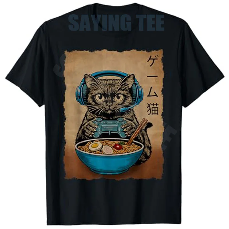 Gamer-Katze Lustige Geschenke für Teenager Jungen Japanische Ramen-Katze Gaming T-Shirt Y2k Anime Kätzchen Nudeln Essend Maga Grafik Kleidung Comic Tee – Detail 3