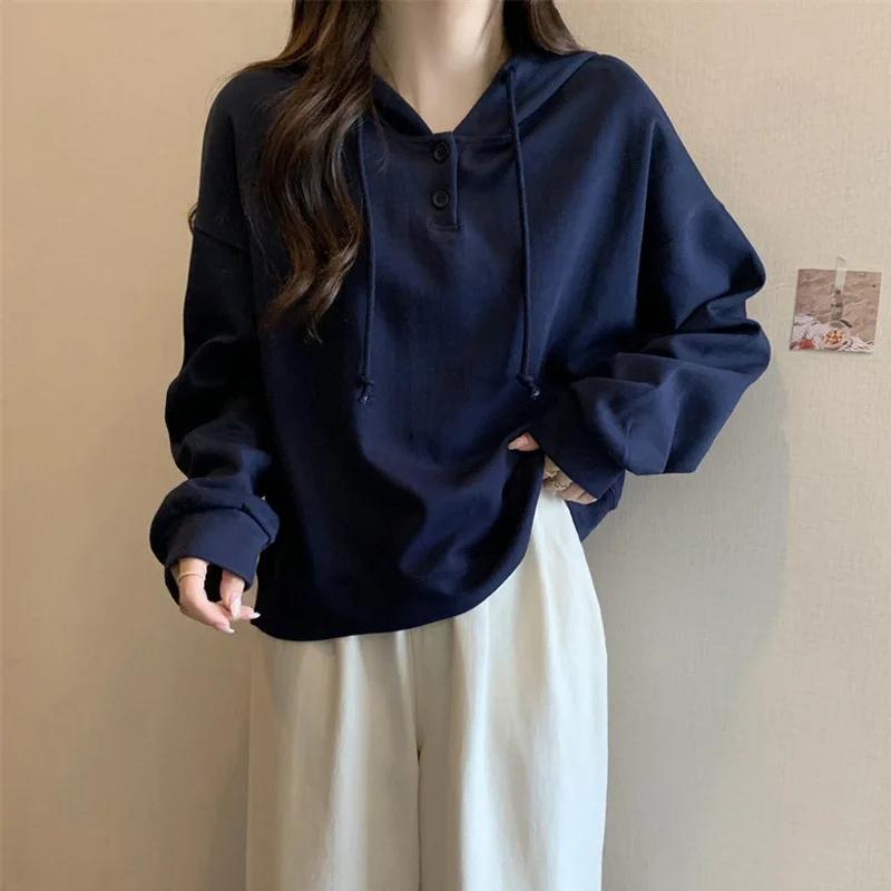 Women Hoodies Solid Colors Loose Harajuku Autumn Clothing Vintage New Button Casual Fashion All-match Streetwear Commute Korean