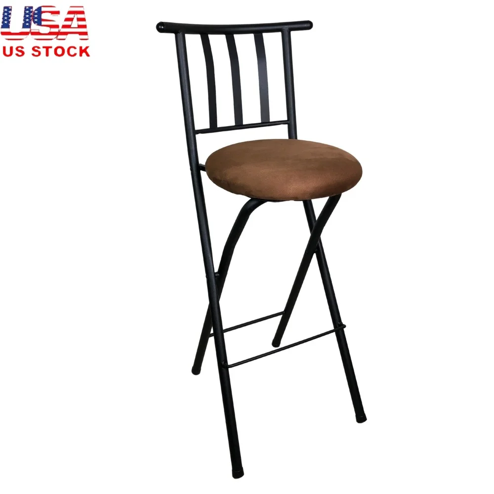 

Indoor Folding Metal Bar Stool with Slat Back Microfiber Seat Ideal Kitchen Dining Space Footrest Durable Design Easy Storage