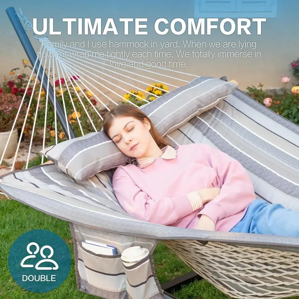 

Double Hammock with Stand for Outside, Rope Hammocks with Polyester Pad 2 Person, 12ft Heavy Duty Stand, Extra Pillow, Storage