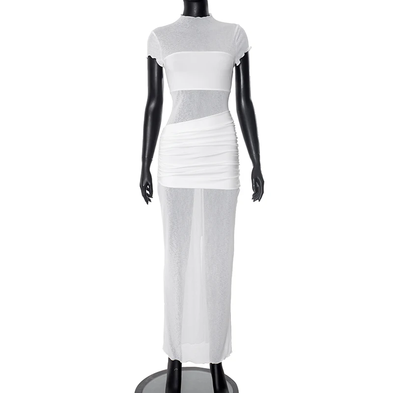 Women's summer dress trend 2025 new in white long dresses Simple Elegant party Casual bodycon Short-sleeved Pleated patchwork