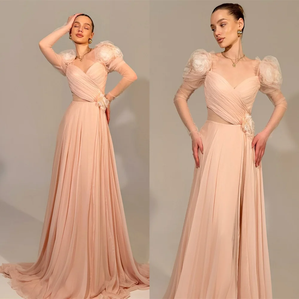 Customized Simple Champagne Chiffon Evening Dress Exquisite Square Collar Puff Sleeves Long Sleeves Special Occasion Gowns