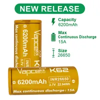 Vapcell K62 26650 6200MAH 15A Lithium Battery 3.7V 26650 Rechargeable Battery Cell  for Flashlight Batteries