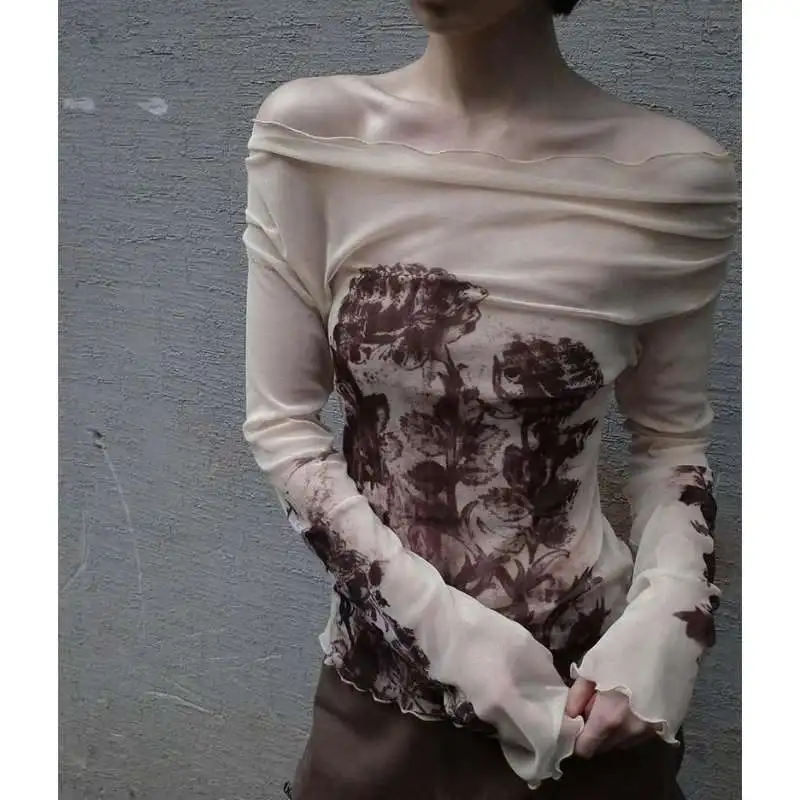 

Women's Sexy Fashionable Printed One Neck Long Sleeved T-shirt Summer Vintage Clothes Female Personalized Pullover Tops