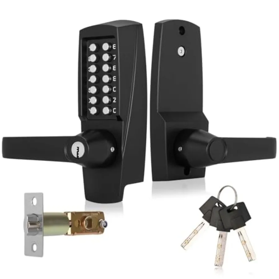 

Mechanical door lock with handle for residential use, stainless steel, silver, keyless entry with mechanical push button and ba