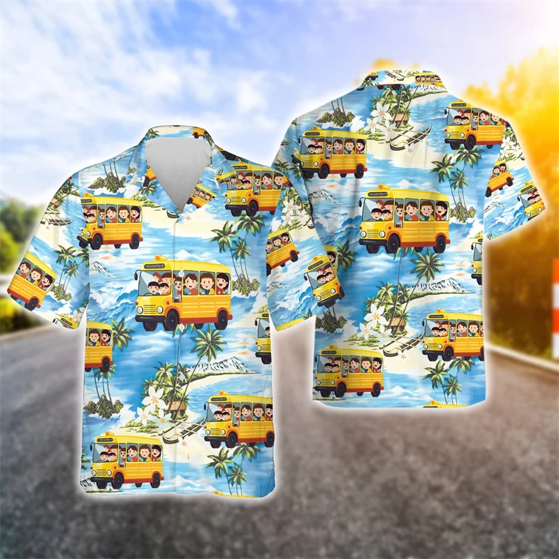 Homens 3D Ônibus Escolar Impresso Camisas, Carro Motorista Gráfico Camisa de Praia, Blusa Aloha Lapel, Tops Havaianos, Roupas Dos Desenhos Animados, Presente Engraçado