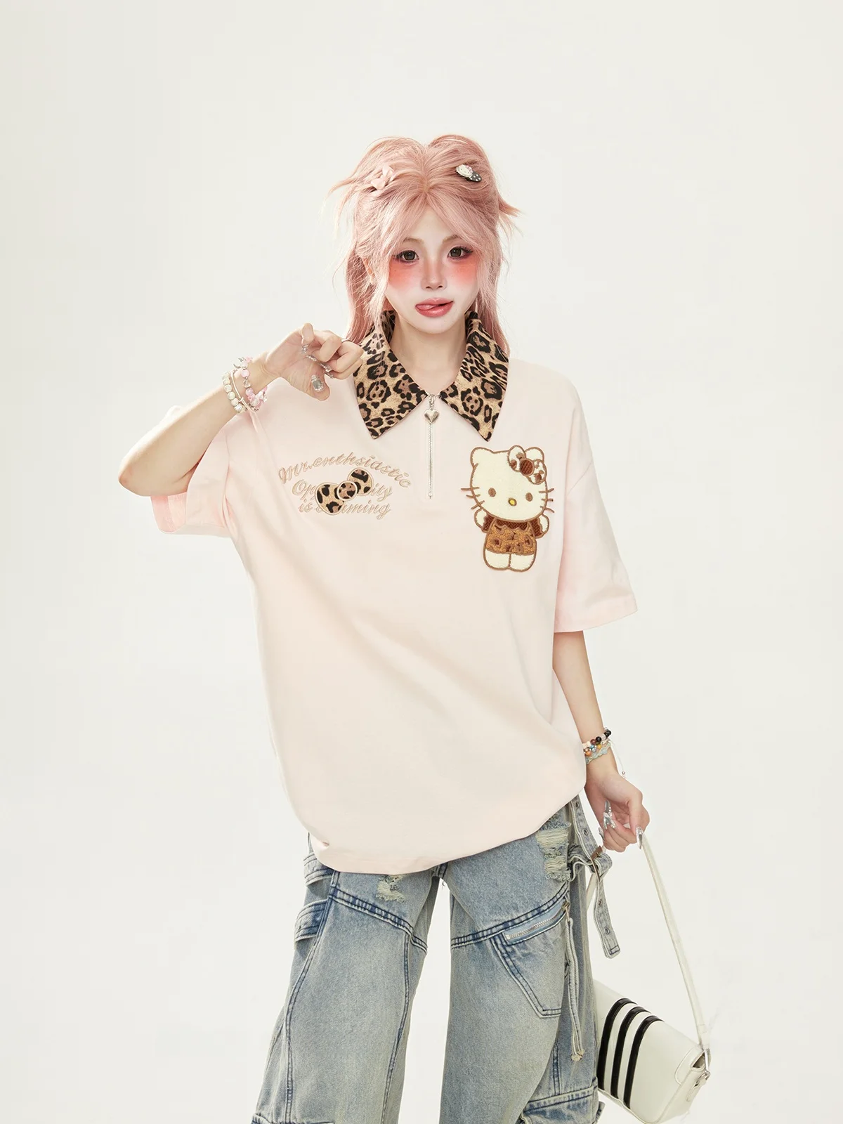 

Модный летний женский топ Sweet Kit с вышивкой, свободного кроя, на молнии, розовый, повседневный, креативный дизайн