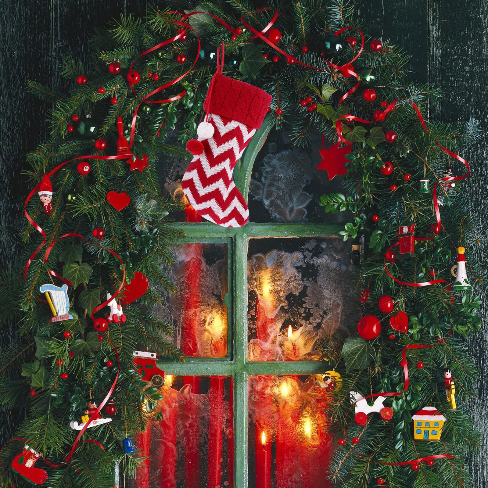 

Christmas Stockings Red White Stripe Pattern Knit Hanging Gift Socks Xmas Candy Pouch Decorative Stocking Holder Pendant