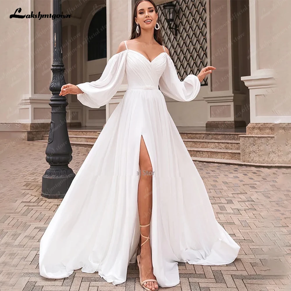 Lakshmigown Een Lijn vrouwen Chiffon Trouwjurken Aangepaste Zijsplit Bruid Toga Boothals Lange Mouwen Vestidos Novias Boda