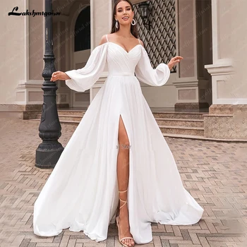 Lakshmigown A Line damskie suknie ślubne z szyfonu dostosowane rozcięcia po bokach suknie panny młodej dekolt w łódkę długie rękawy Vestidos Novias Boda