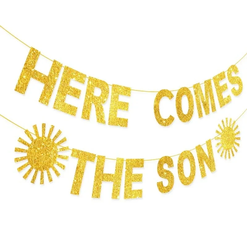 Gender Disclosure Party Here Come The Son Gold Blue Baby Shower Party Decoration Flag Supplies