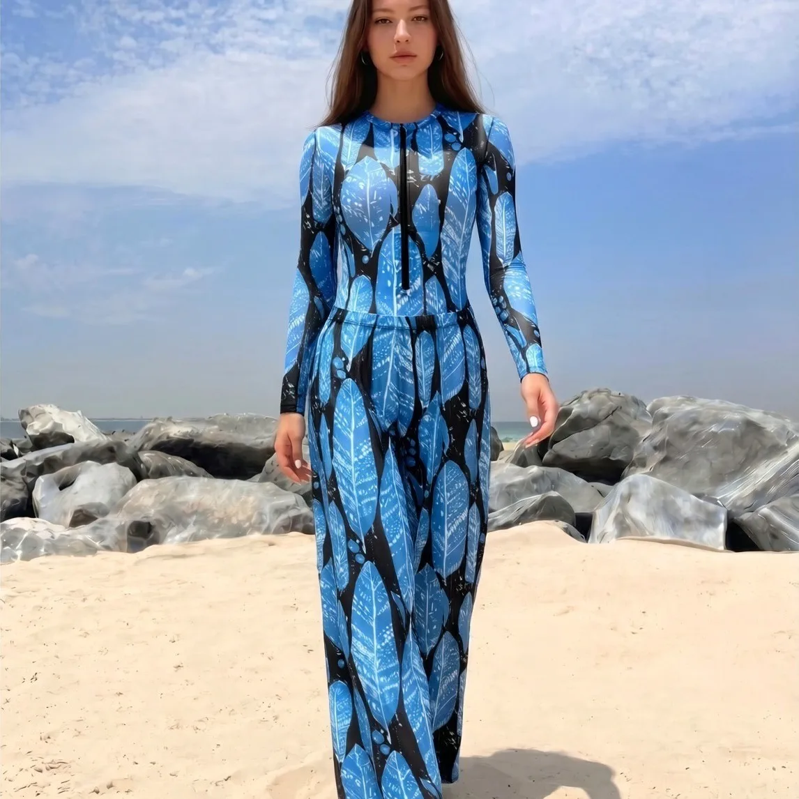 2026 Women 2Pcs Leaf Print Swimsuit Set, Zip Front Long Sleeve Bodysuit + Sheer Wide Leg Pants, Beach Swimwear Cover Up Outfit