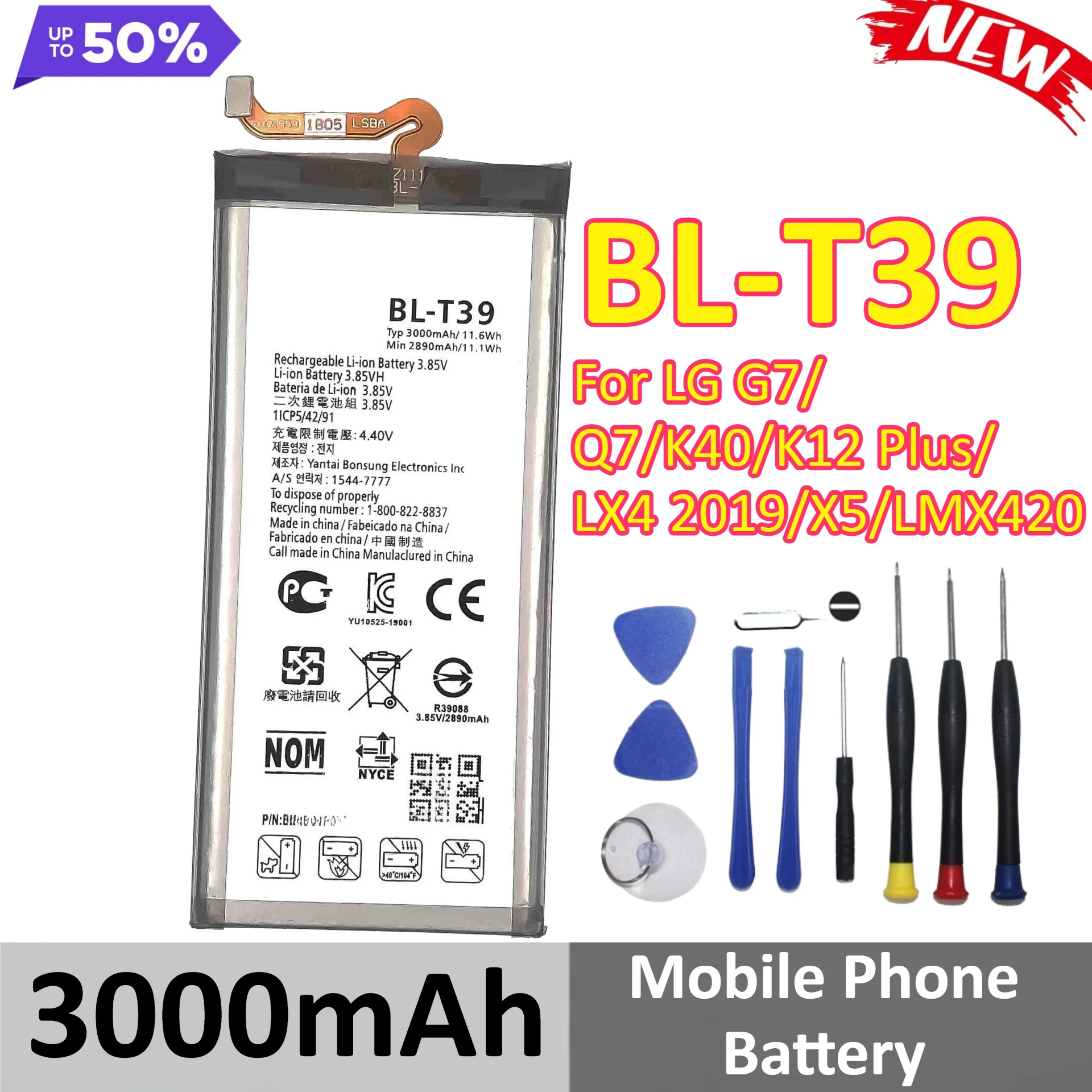 

New BL-T39 3000mAh Mobile Phone Battery For LG G7/Q7/K40/K12 Plus/LX4 2019/X5/LMX420 Send Tools
