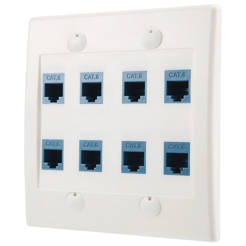 Ethernet Wall Plate 8 Port - Double Gang Cat6 RJ45 Keystone Jack Network Cable Faceplate Female To Female - Blue