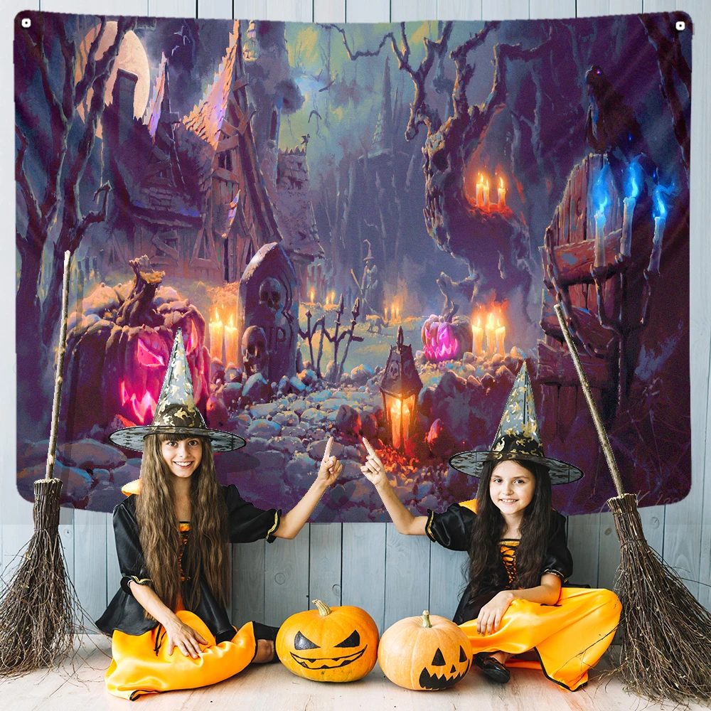 Horror Pumpkin Castle Halloween Series Printed Tapestry Home Living Room Bedroom Wall Decoration Background Fabric 