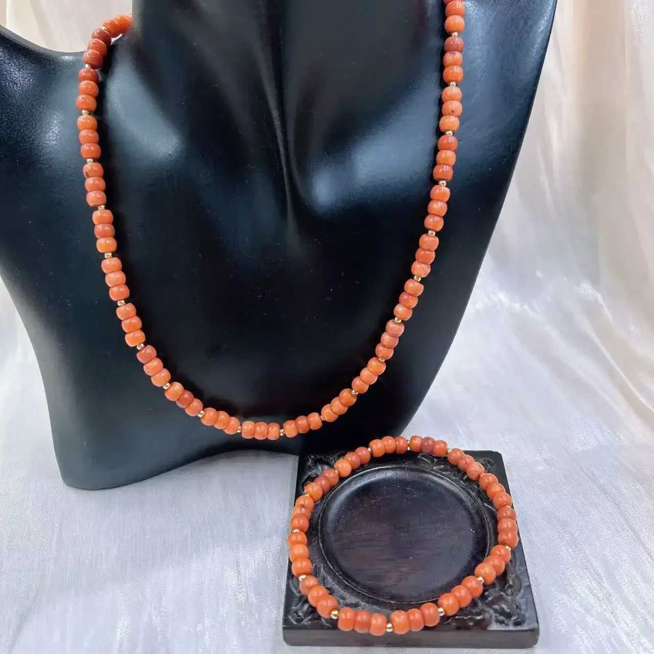 4x6mm Vintage Natural Sea Bamboo Small Orange Coral Women Jewelry Short Collar Necklace Bracelet Jewelry Set 17"  7.5" view 2