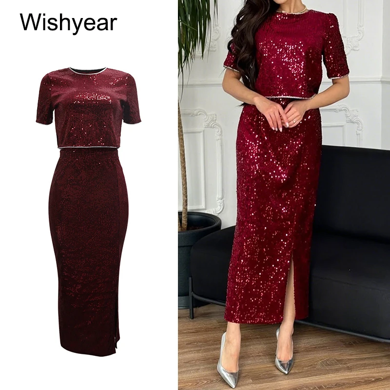 

New Elegant Women's burgundy Sequin Two Piece Suit Short Sleeve Crop Top with Split Skirt Set for Luxury Evenings And Birthdays